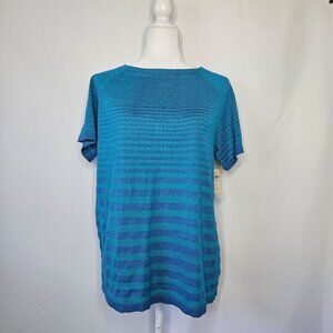 NEW! Coldwater Creek Size XL 16 Silk Cotton Blue Stripe Short Sleeve Knit Top